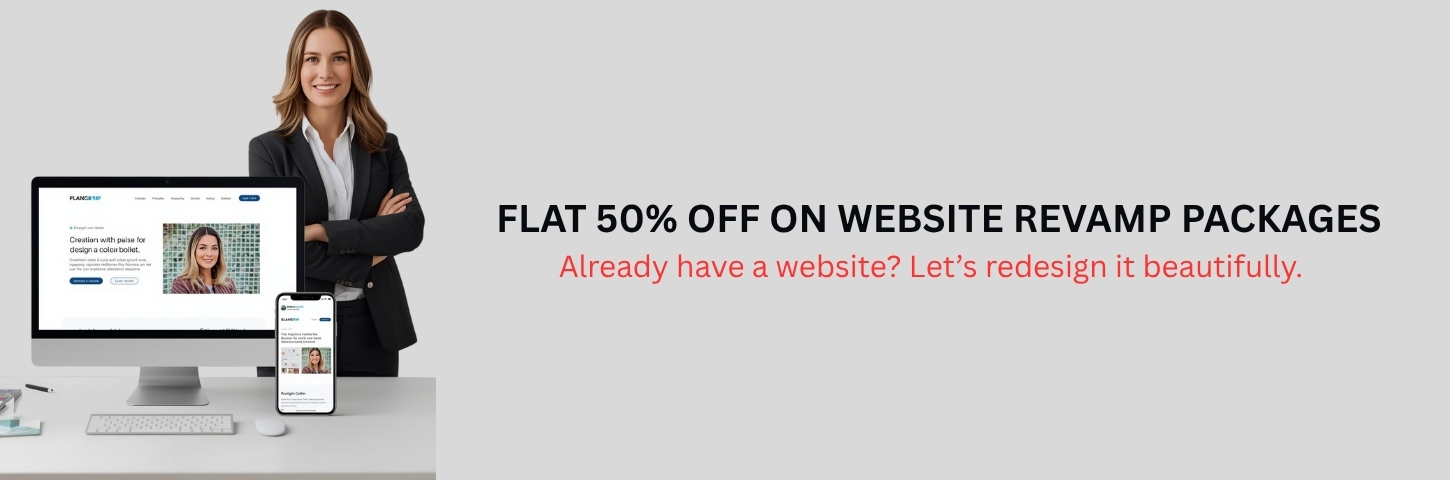 Creative website design banner showing vibrant digital interface with tagline “Turning Ideas into Interactive Designs.”