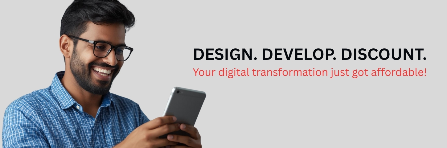 Creative website design banner showing vibrant digital interface with tagline “Turning Ideas into Interactive Designs.”