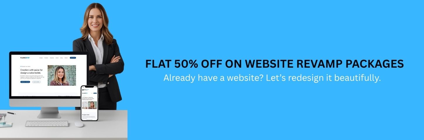 Creative website design banner showing vibrant digital interface with tagline “Turning Ideas into Interactive Designs.”