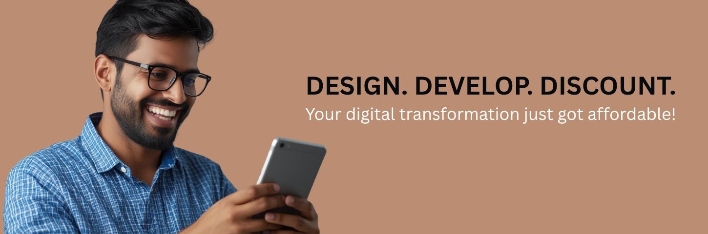 Creative website design banner showing vibrant digital interface with tagline “Turning Ideas into Interactive Designs.”